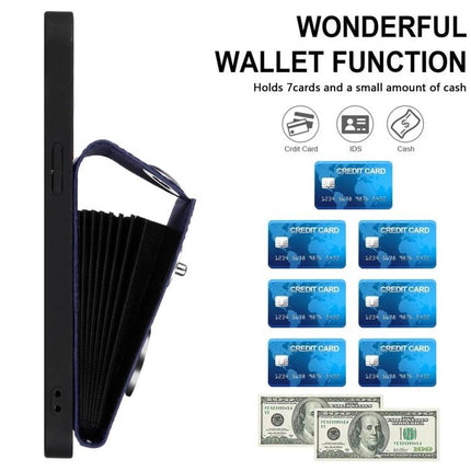 Card Holder Ring Stand Case For IPhone 16 And 15 Pro Max 15 Pro 15 Plus showing wallet function with six card slots, ring stand, and cash storage