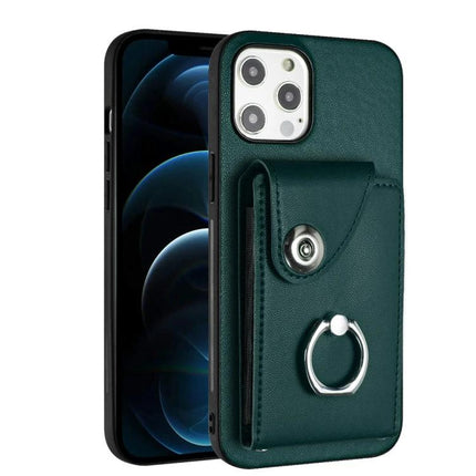 Organ Card Holder Ring Case For IPhone 13 Mini 12 Pro Max 6 Card Slots - green PU leather phone case with ring holder and 6 card slot pocket