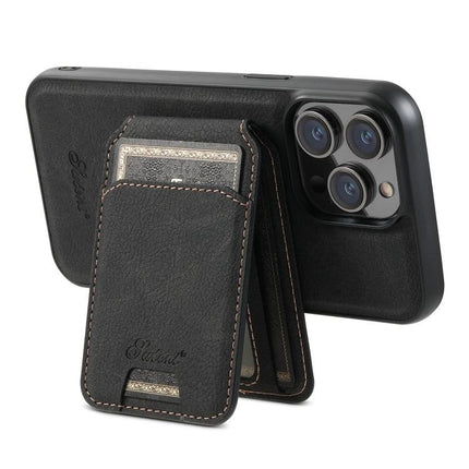 Suteni H16 Leather Detachable Wallet Back Case For IPhone 13 Pro And 12 Pro - black litchi texture PU leather magnetic wallet attached to case