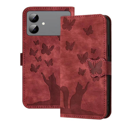 Leather Phone Case With Card Slots For Everyday Use - red PU leather wallet case with cat and butterfly embossing, card slots and TPU frame