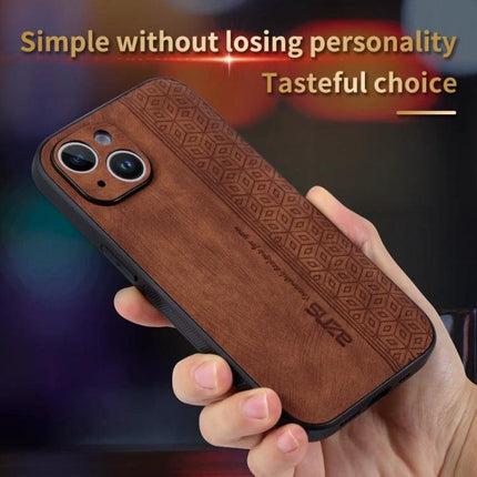AZNS 3D Embossed Phone Case for Everyday iPhone Protection showing brown leather-panel TPU case with embossed pattern and improved grip