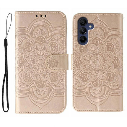 Sun Mandala Leather Case For Samsung Phones - gold PU leather wallet case with embossed sun mandala, built-in stand and wrist strap