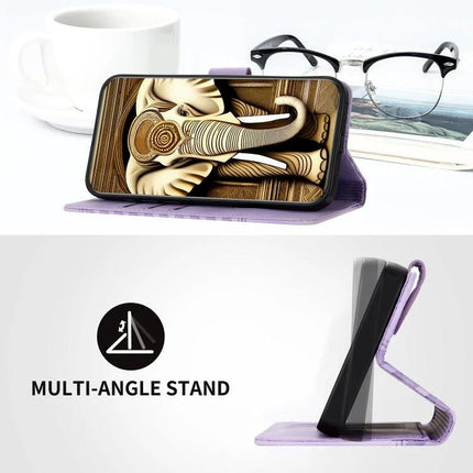 YX0060 Elephant Head Embossed PU Leather Case Lanyard For iPhone 15 Pro Max showing elephant design, built-in stand and multi-angle hands-free viewing