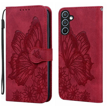Leather Flip Case for Everyday Phone Protection - red PU leather wallet case with embossed butterfly, card slots and TPU inner shell