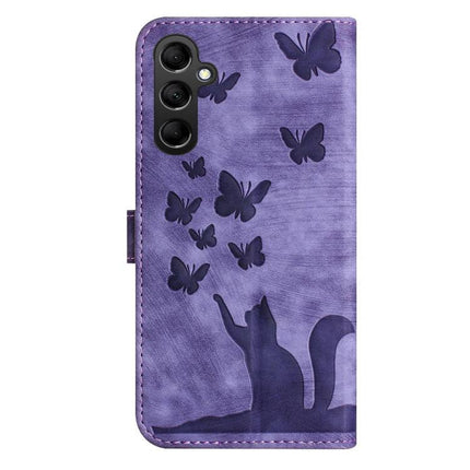 Leather Phone Case With Card Slots For Everyday Use - purple wallet-style case with embossed cat and butterflies, TPU frame and card slots