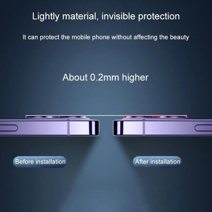 iPhone Camera Protector - Slim Everyday Lens Shield ultra-thin tempered glass lens cover, before and after installation showing 0.2mm height