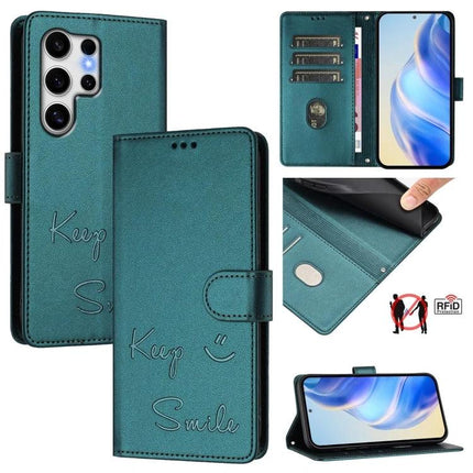 Smile Embossing Leather Phone Case With Card Holder For Everyday Carry On The Go teal wallet case with 3 card slots, cash pocket, RFID blocking, stand