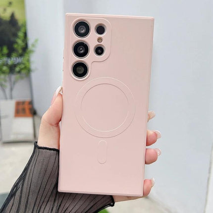 Soft Silicone Case for Samsung Galaxy Everyday Protection in blush pink held showing camera cutouts and MagSafe-style circle