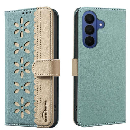 RFID Leather Wallet Case For Samsung Galaxy S26 Ultra 5G With 3 Card Slots - hand-made splicing color hollow flower PU leather with kickstand