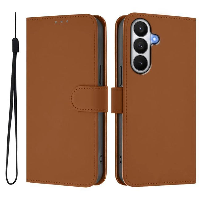 PU Leather Phone Case With Card Holder For Everyday Use in brown folio style showing card slots, magnetic clasp and wrist strap