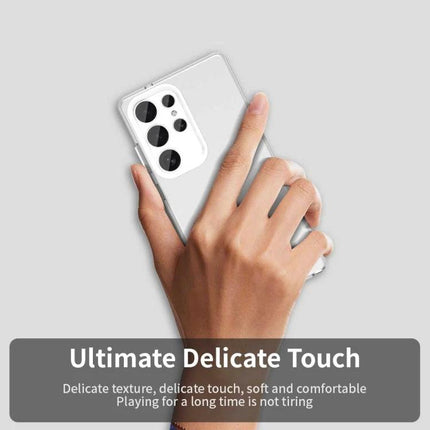 Essential Samsung Galaxy Phone Case for Everyday Protection clear slim TPU PC PET blend shown in hand, slim profile and camera cutouts