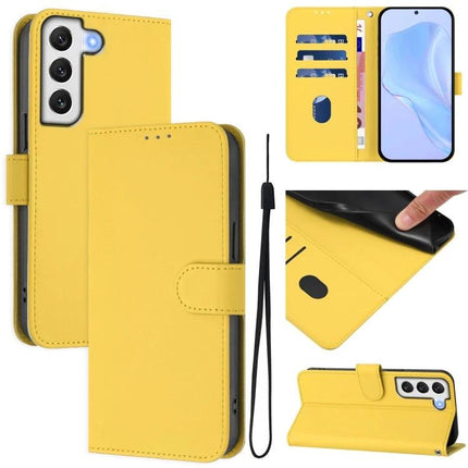 Leather Phone Case With Lanyard For Daily Carry And Hands Free Viewing With Card Slots - yellow PU leather wallet case with wrist strap, card slots and kickstand