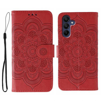 Sun Mandala Leather Case For Samsung Phones in red PU leather with embossed sun mandala, built-in stand, wrist strap, full camera and port access