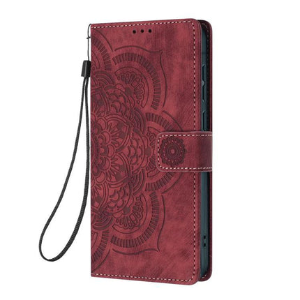 Leather Phone Case With Card Storage For Everyday Use - red embossed PU leather wallet case with wrist strap, multiple card slots and TPU protection
