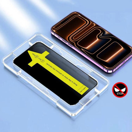 iPhone Everyday Use Tempered Glass Screen Protector on blue background with installation tray and smartphone showing adhesive film