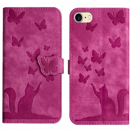 Leather Phone Case With Card Slot For Daily Use - magenta PU leather wallet case with embossed cat and butterfly design, TPU core, card slot, protective cover