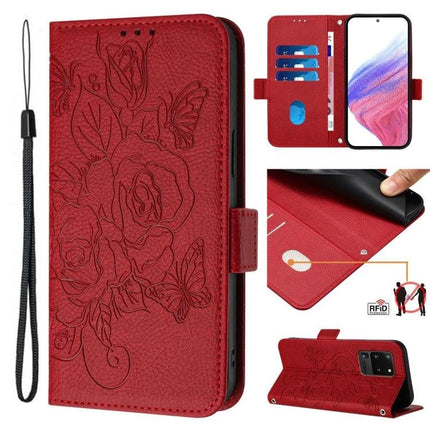 Leather Phone Case With Card Slots For Daily Errands - red floral RFID blocking wallet case with kickstand and wrist strap
