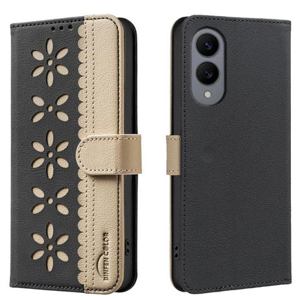 RFID Leather Wallet Case For Samsung Galaxy S26 Ultra 5G With 3 Card Slots - hand-made PU leather flower cutout wallet case with kickstand