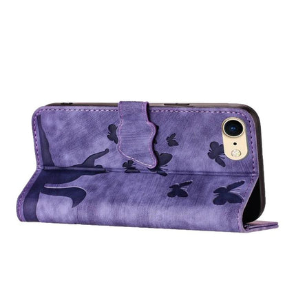 Leather Phone Case With Card Slot For Daily Use - purple PU leather folio with card pocket, TPU core and butterfly print, hands-free stand