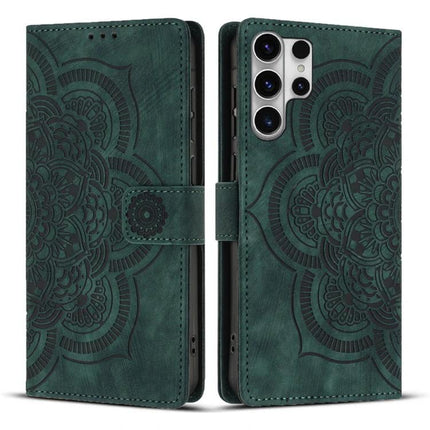 Everyday Leather Phone Case With Card Slots in green PU leather wallet case with embossed mandala design, two card slots and cash pocket