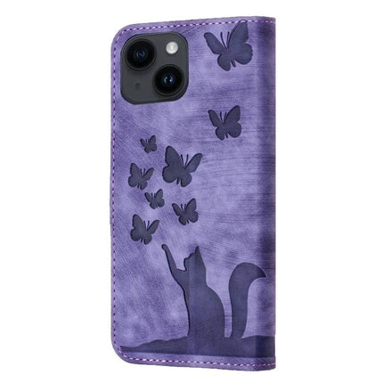 Leather Flip Case for Daily Phone and Card Organization in purple PU leather with cat and butterfly design, TPU core, card slots, camera cutout