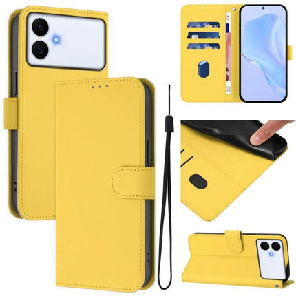 Solid Color Leather Phone Case With Lanyard For Daily Carry And Everyday Use Hands Free - yellow wallet folio with card slots, TPU shell, detachable lanyard