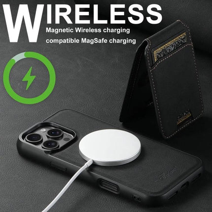 Durable Suteni Wallet Phone Case for Everyday Carry shown with MagSafe wireless charger attached to black PU leather wallet case