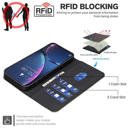 RFID Leather Wallet Case For Samsung Galaxy S26 Ultra 5G With 3 Card Slots - black hand-made PU leather folio with 3 card slots, cash slot and RFID blocking