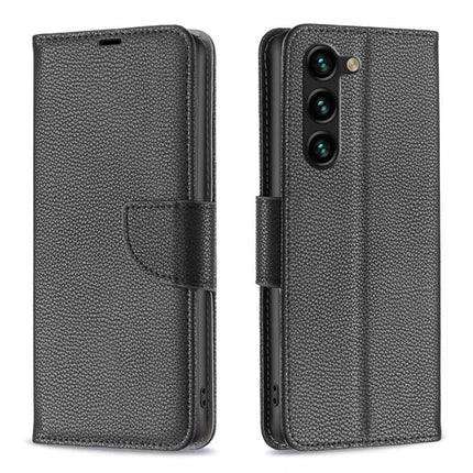 Leather Flip Phone Case With Card Slots in black pebble PU leather with magnetic closure, card pockets and kickstand