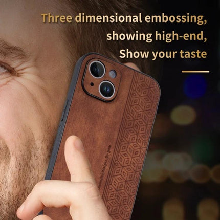 AZNS 3D Embossed Phone Case for Everyday iPhone Protection showing brown leather-panel TPU case with geometric embossing and camera cutouts