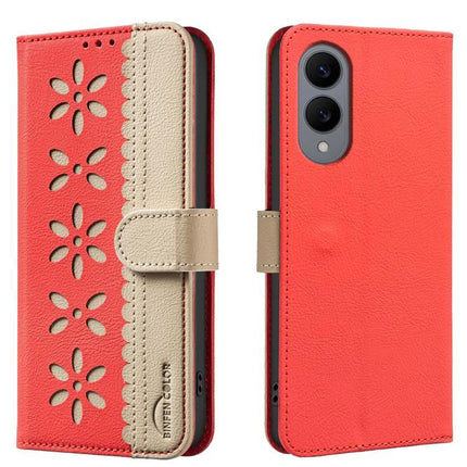 RFID Leather Wallet Case For Samsung Galaxy S26 Ultra 5G With 3 Card Slots - red hollow flower PU leather with 3 card slots and kickstand