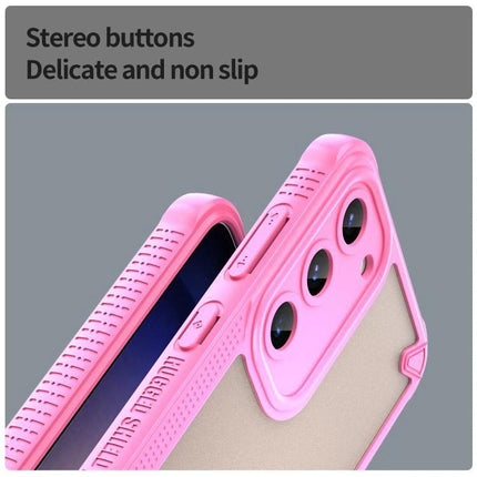 Armor Glaze Case for Samsung Phones Everyday Protection slim pink dual-material case showing textured stereo buttons and camera cutouts