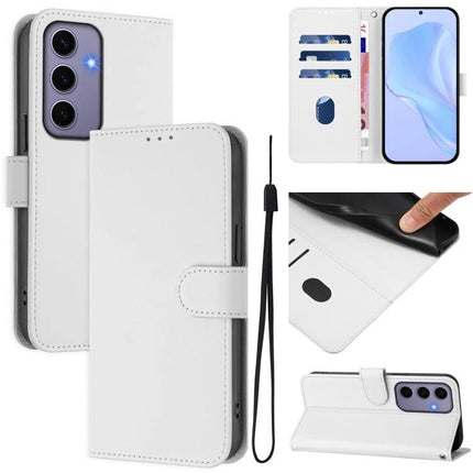 Leather Phone Case With Lanyard For Daily Carry And Easy Viewing On The Go For Commute - white PU leather wallet case with strap, card slots, kickstand