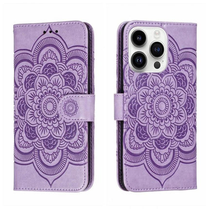 Sun Mandala Leather Case for Everyday iPhone Protection — purple PU leather wallet case with mandala design, card slots and stand