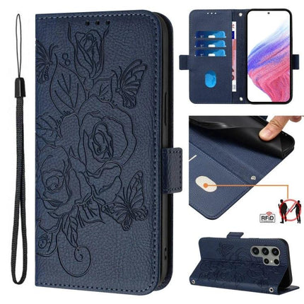 Leather Phone Case With Card Storage For Daily Errands navy floral RFID wallet folio with three card slots and wrist strap