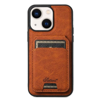 Suteni H16 Detachable Wallet Back Case For iPhone 15 14 Plus 14 Pro 14 Pro Max in brown litchi-texture PU leather with card pocket attached