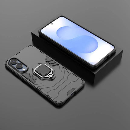 Samsung Protective Case With Snug Fit For Everyday Use - rugged black PC TPU case with ring kickstand shown on phone, slim protective everyday cover