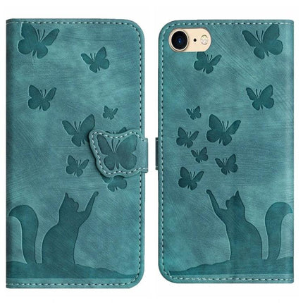 Leather Phone Case With Card Slot For Daily Use teal wallet-style case with embossed cat and butterflies, TPU core and PU leather