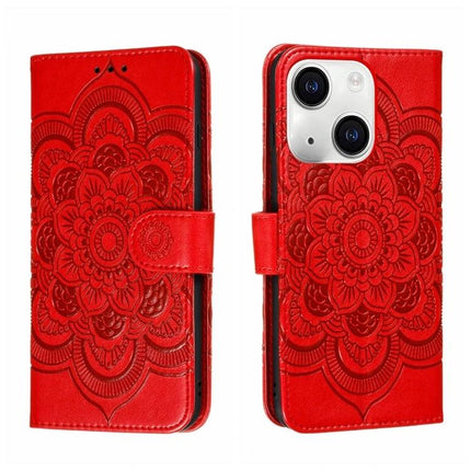 Sun Mandala Leather Case for Everyday iPhone Protection - red embossed wallet case with card slots and stand