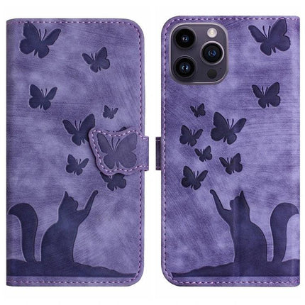 Leather Phone Case With Card Slot For Daily Use - purple PU leather wallet case with embossed cat and butterfly design, card pocket and phone protection