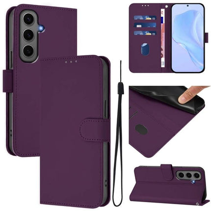 Leather Samsung Phone Case With Lanyard For Daily Hands Free Carry - purple PU leather wallet case with card slots, kickstand and detachable lanyard