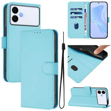 Solid Color Leather Phone Case With Lanyard For Daily Carry And Everyday Use Hands Free - light blue wallet case with card slots and detachable lanyard