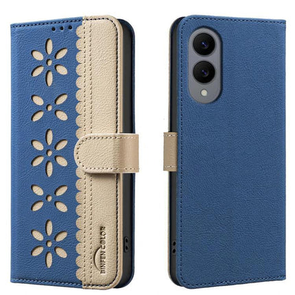 RFID Leather Wallet Case For Samsung Galaxy S26 Ultra 5G With 3 Card Slots blue splicing color hollow flower pattern PU leather with kickstand