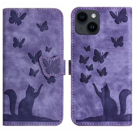 Butterfly Embossed Leather Flip Case for Daily Phone Protection - purple cat & butterfly PU leather wallet case with kickstand and card slots