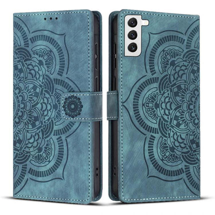 Leather Phone Case With Card Slots in teal PU leather with embossed mandala design, TPU interior, card slots and adjustable kickstand