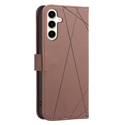 Geometric Leather Phone Case With Card And Cash Storage in brown PU leather with geometric pattern, card slots and cash compartment