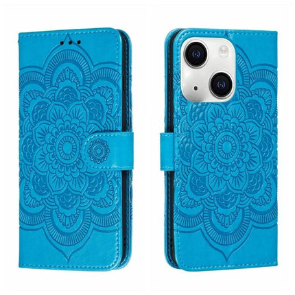 Sun Mandala Leather Case for Everyday iPhone Protection - turquoise PU leather wallet case with embossed mandala, card slots and kickstand
