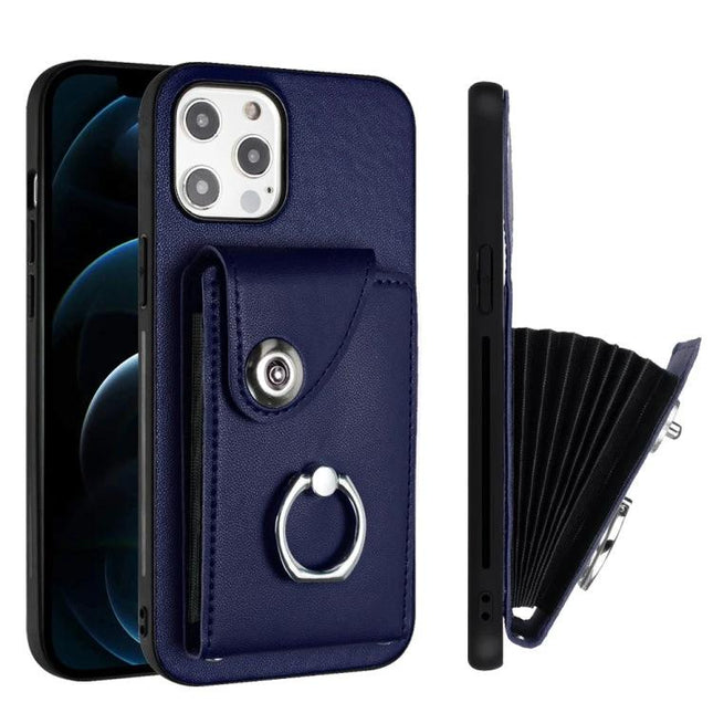 Organ Card Holder Ring Holder Case For iPhone 11 11Pro 11ProMax 12Mini 12Pro - navy PU leather wallet case with ring kickstand and 6 card slots