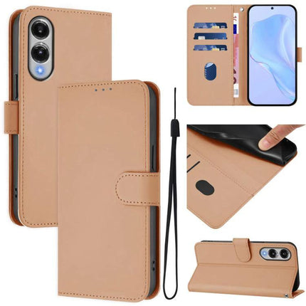 Leather Phone Case With Card Storage in tan PU leather, magnetic wallet cover with card slots, kickstand and wrist strap