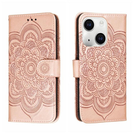 Sun Mandala Leather Case for Everyday iPhone Protection - rose gold PU leather wallet case with mandala design, card slots and stand